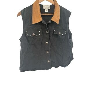 Vintage Stonebridge Western Denim Vest Women 1X Black Boho Cowgirl Rodeo studed